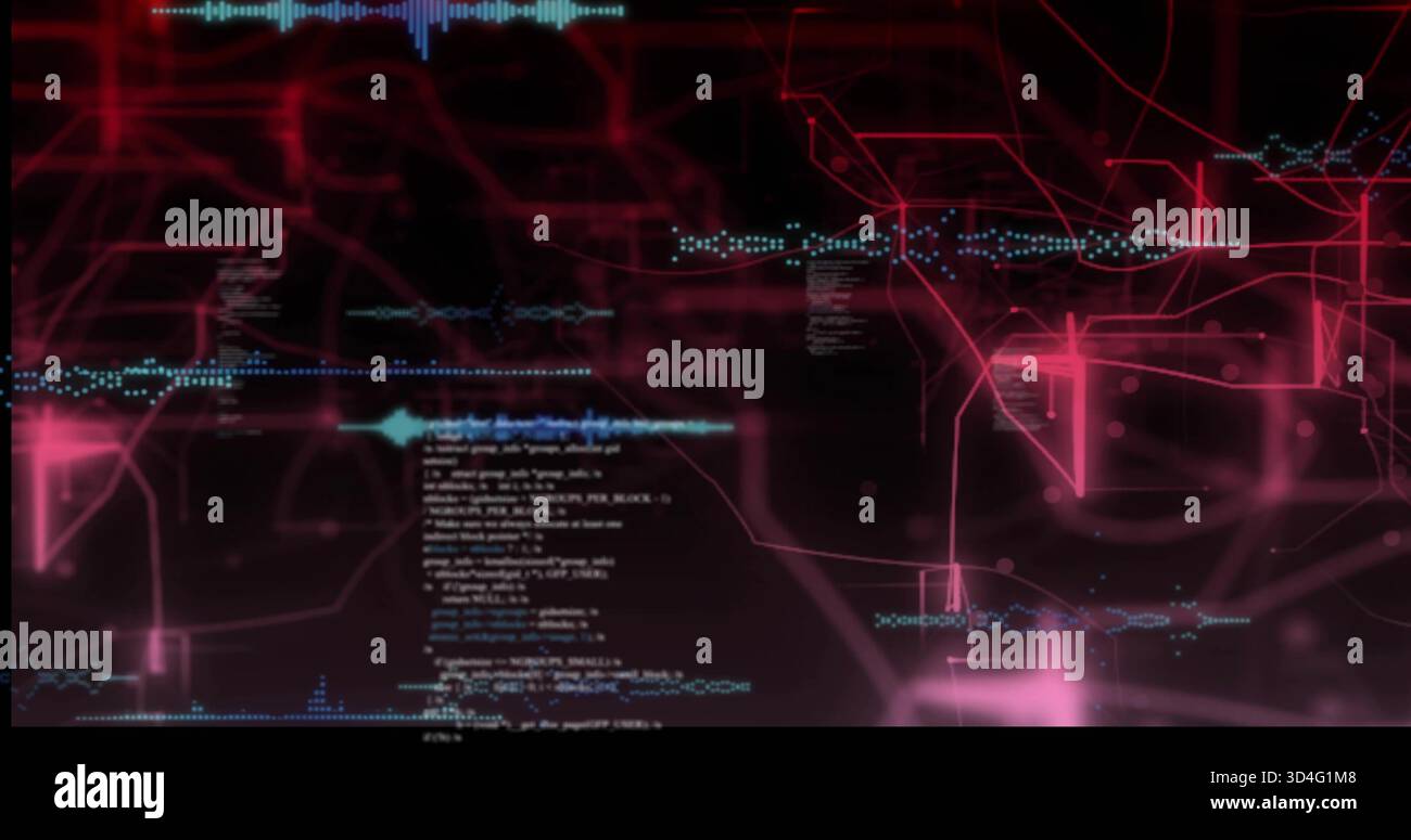 Displaying central white code block with cyan waveform in cyberspace, magenta network traces Stock Photo