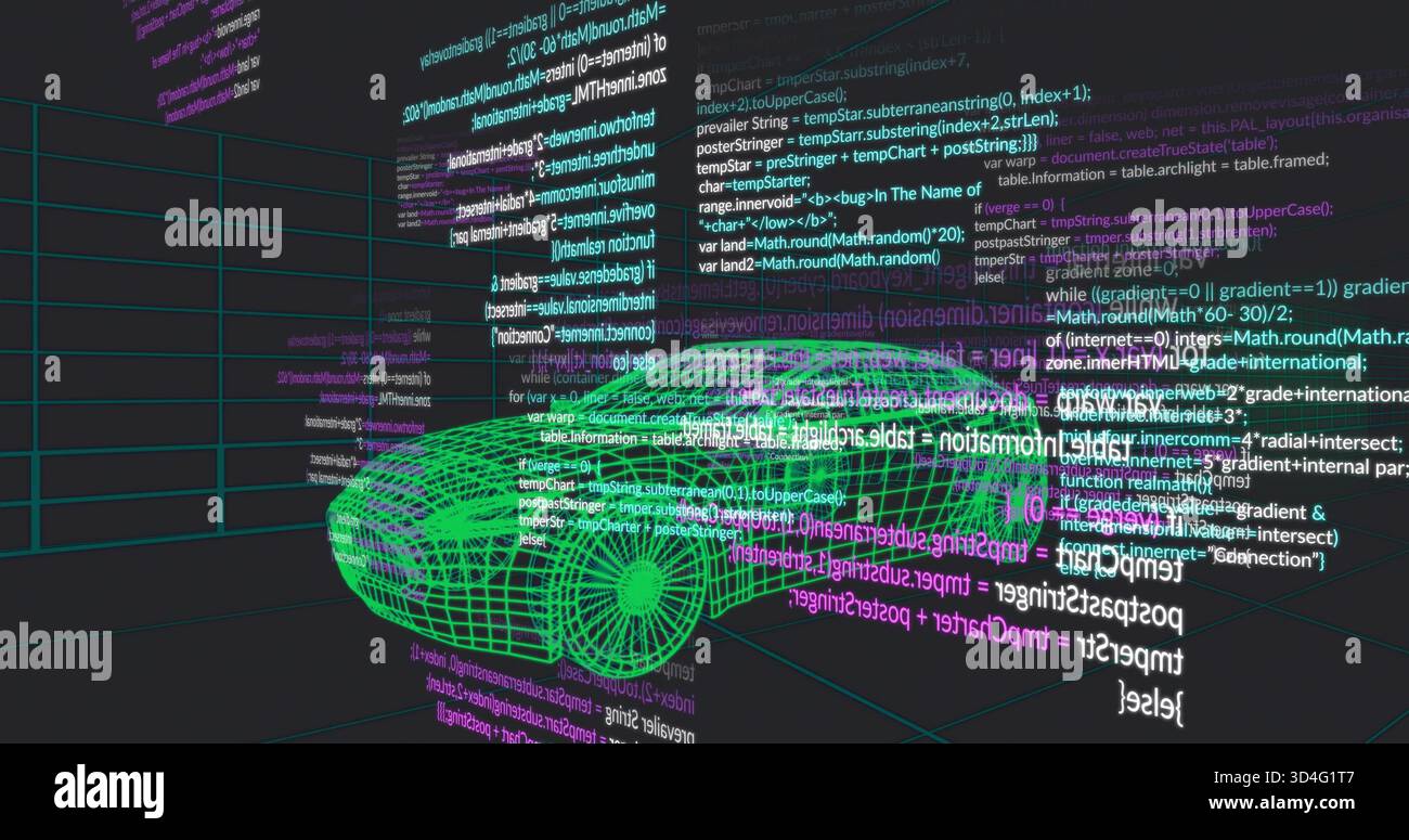 Rendering neon green wireframe car model rotating on grid floor, with floating code panels Stock Photo