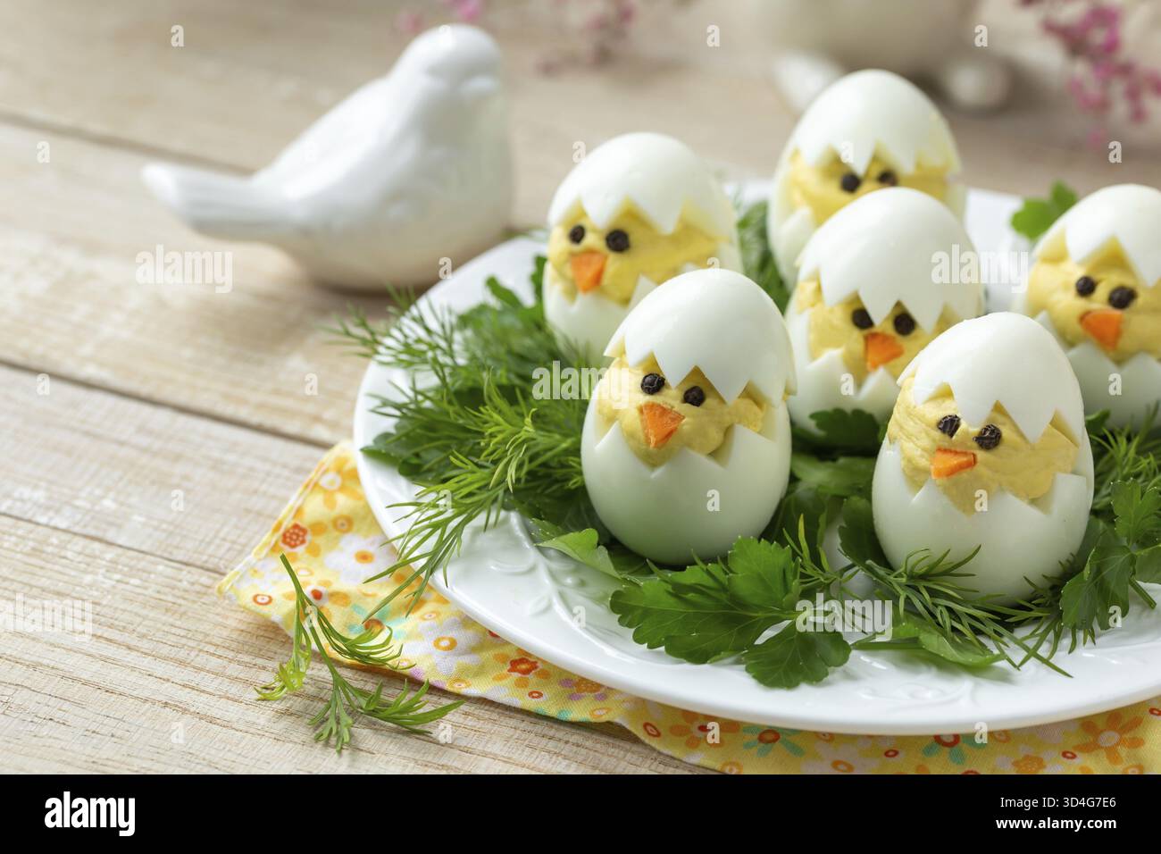 Food, Funny eggs chicks. Easter idea for breakfast. Healthy appetizer for easter table. selective focus Stock Photo