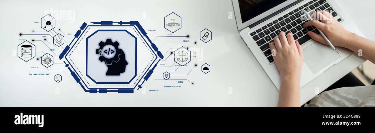 AI machine learning and software development for modern technology solutions. A concept of coding, data science, and algorithm engineering. Motif Stock Photo