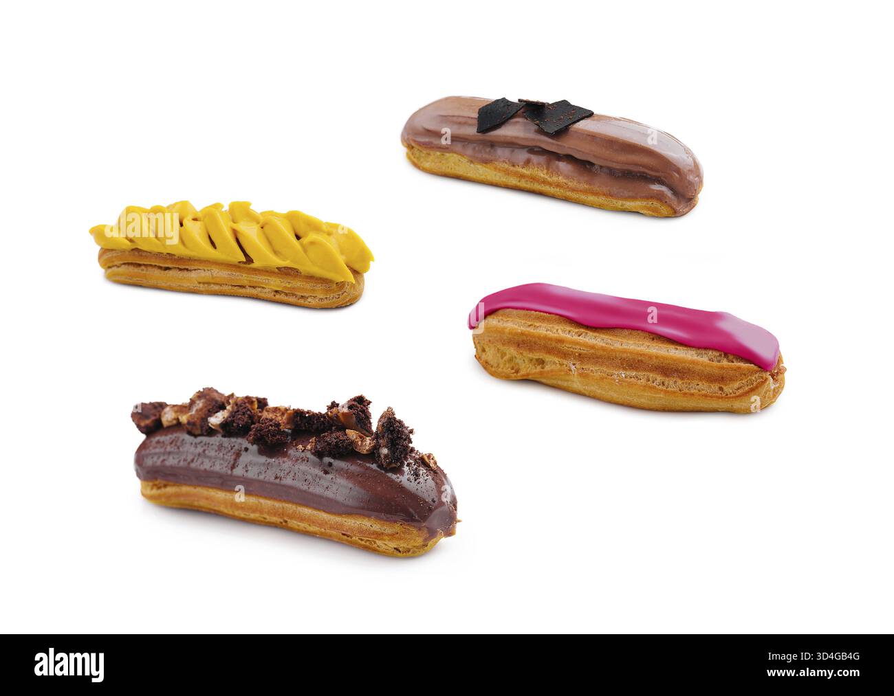 Food, Four different eclairs isolated on white background Stock Photo