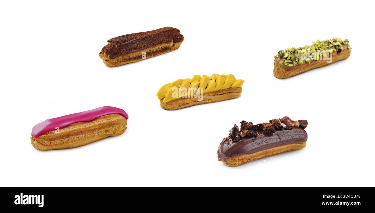 Food, Five different eclairs isolated on white background Stock Photo