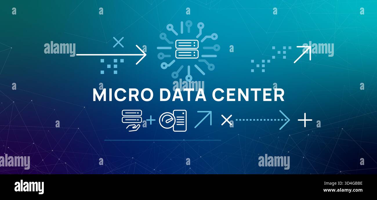 Micro Data Center icons show server racks storage and data flow representing edge computing modular infrastructure and decentralized data management Stock Vector