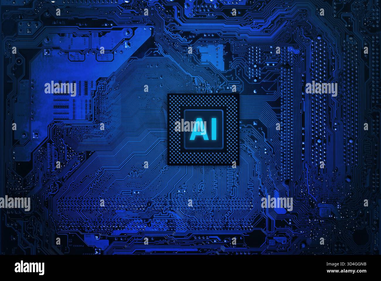 Artificial intelligence processor chip on blue motherboard, futuristic AI technology background representing machine learning, data processing and dig Stock Photo