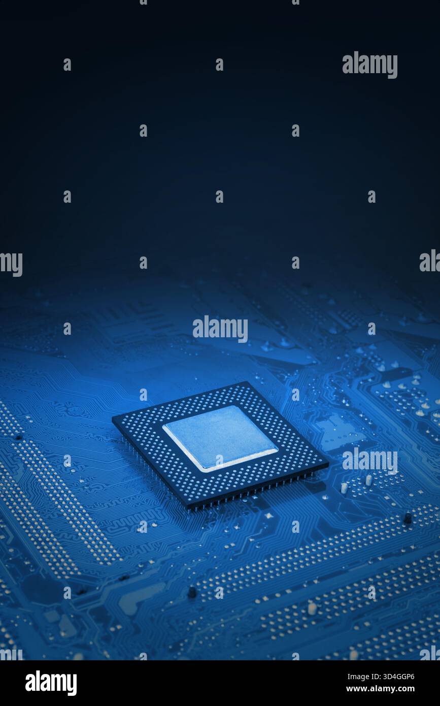 Blue computer motherboard with a central processor chip, blurred background symbolizing modern computing power, digital technology and hardware innova Stock Photo