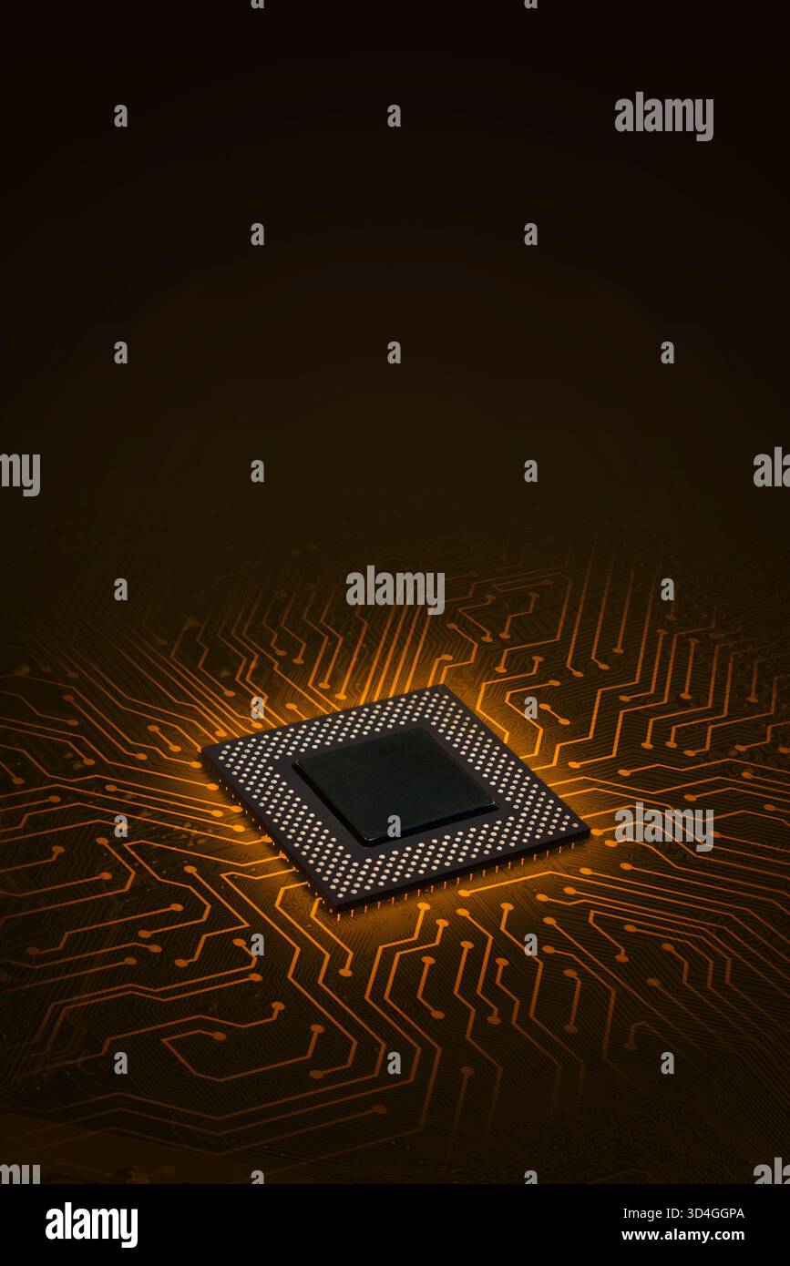 Glowing processor chip on orange circuit board background, representing artificial intelligence, energy transfer, data processing and futuristic digit Stock Photo
