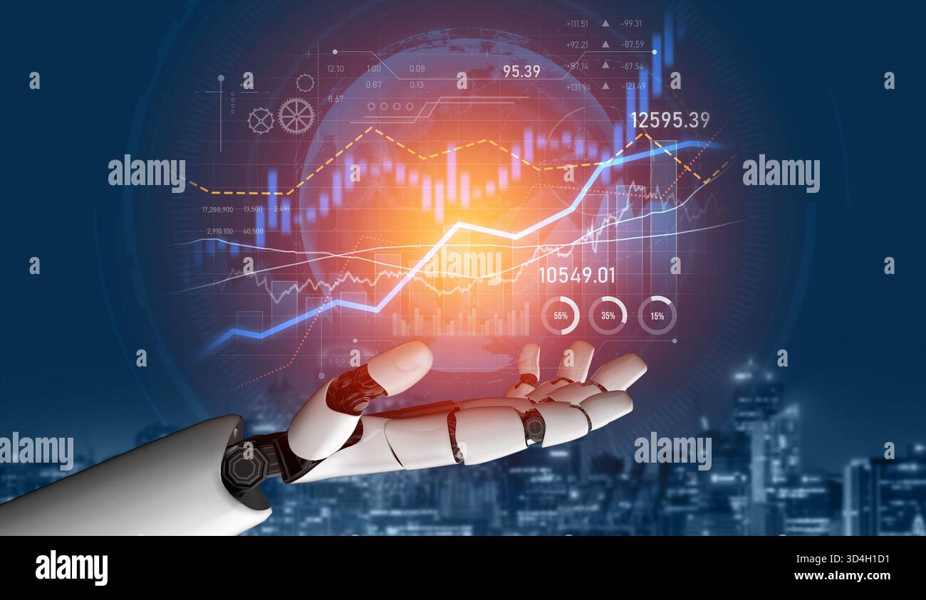A futuristic robot hand interacts with glowing digital stock market ...