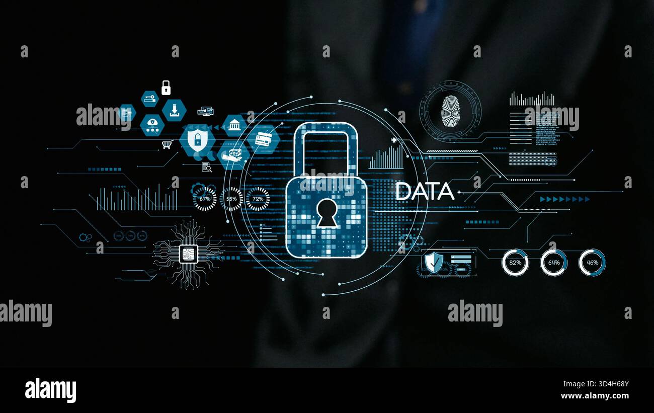 This image illustrates a digital lock representing data protection with various icons symbolizing cybersecurity technologies, emphasizing the Stock Photo