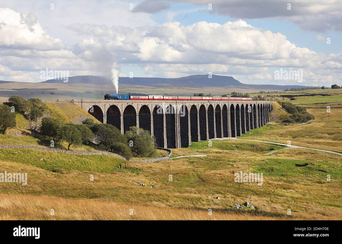 60532 'Blue Peter' heads over Ribblehead Viaduct with Steam Dreams 'The Lakes Express' Day 1 tour steam hauled from Crewe to Carlisle. Stock Photo