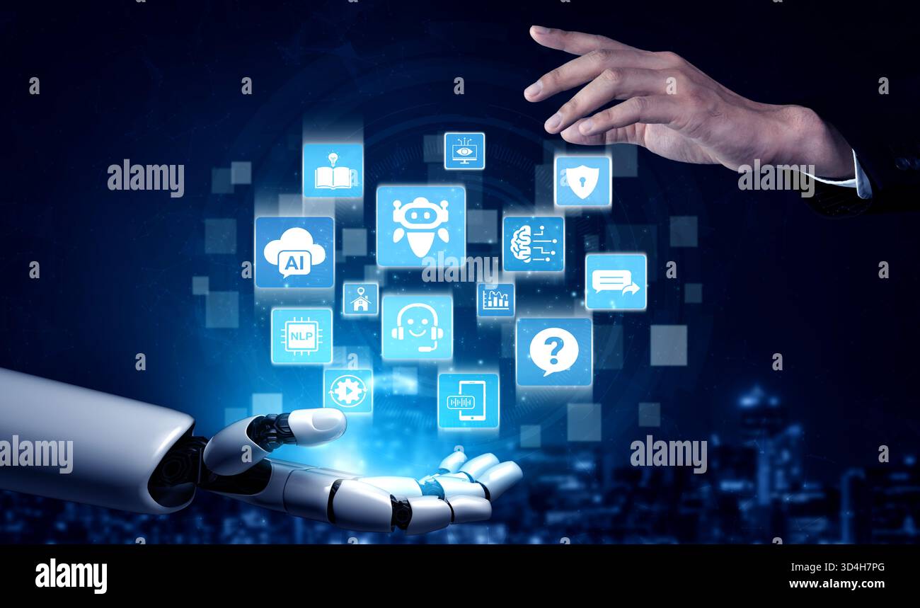 AI virtual assistant chatbot uses generative AI, LLM deep learning, and prompt engineering to support smart business operations with explainable Stock Photo