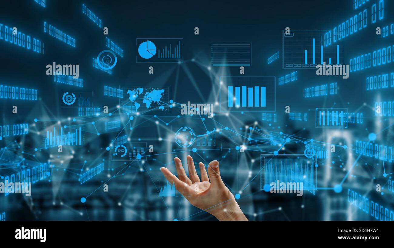 A futuristic hand reaches out towards an immersive digital landscape filled with data visualizations, graphs, and binary code, symbolizing technology Stock Photo