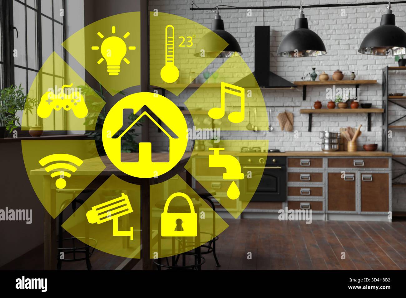 Smart home. Different icons on virtual screen against kitchen Stock Photo
