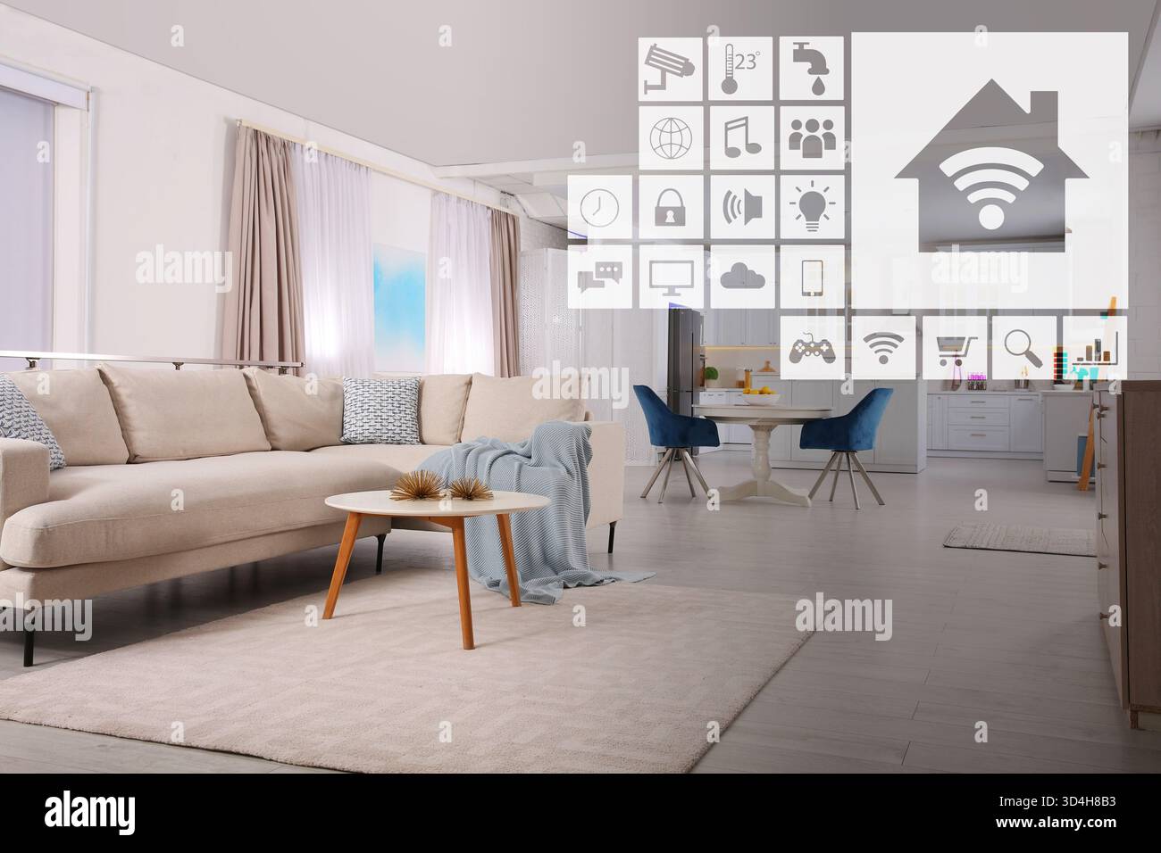 Smart home. Different icons on virtual screen against room Stock Photo