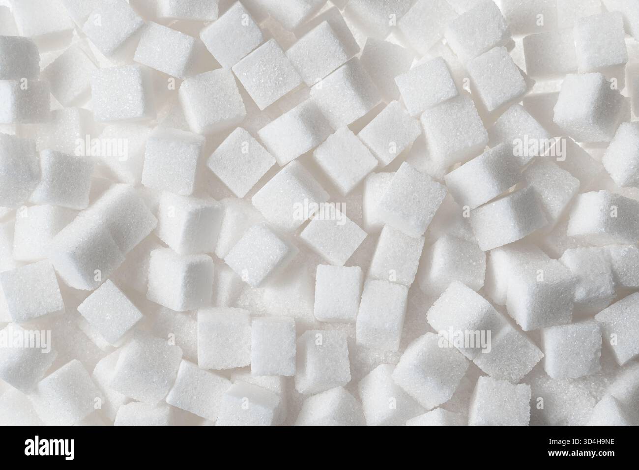 Full frame overhead view of white sugar cubes scattered densely as a background. Stock Photo