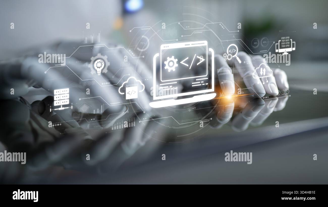 AI streamlines web development with smart coding tools, interface automation, and futuristic design systems for building efficient online platforms Stock Photo