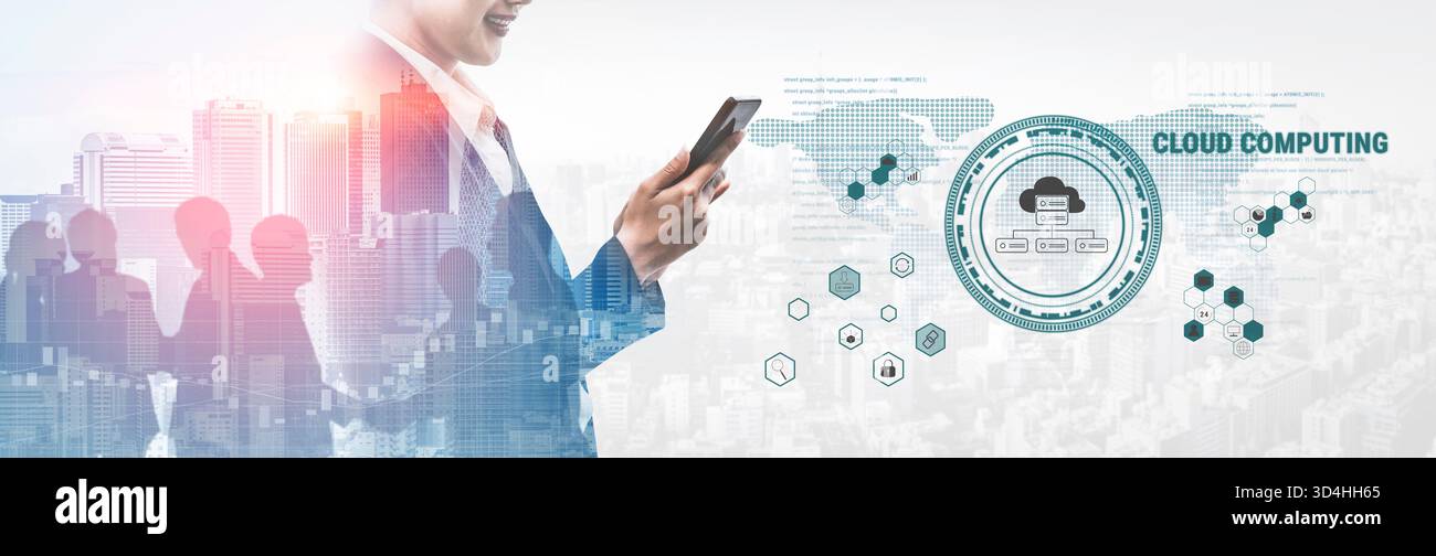 Global cloud computing platform providing services for software development. A worldwide network for data storage, security, and application hosting Stock Photo