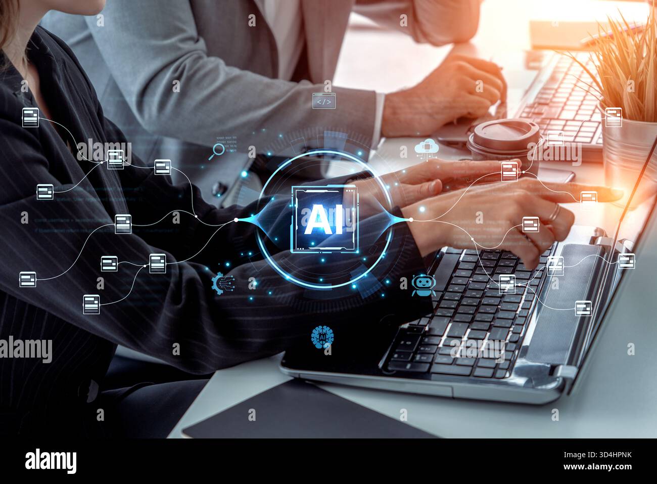 An AI-powered system for automating data workflows. The central intelligence processes and distributes information, managing complex data pipelines as Stock Photo