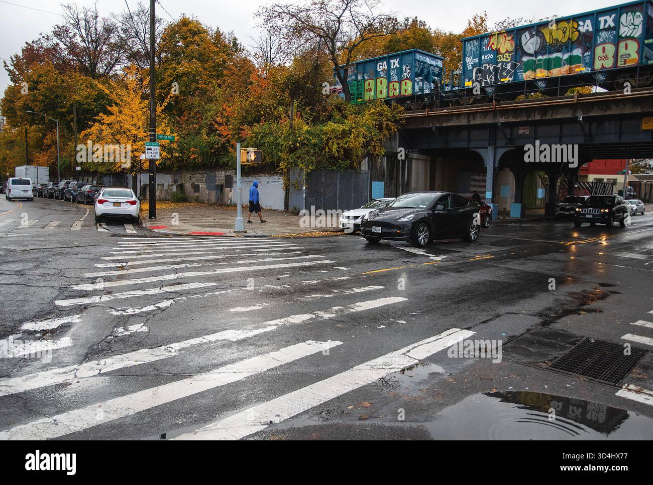 November street scene in Ridgewood, Queens New York, neighborhood, Stock Photo