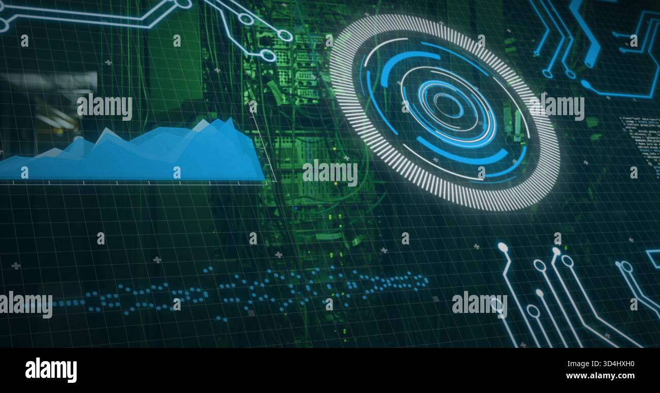 Displaying concentric circular HUD glowing on right over PCB, showing blue area chart waveform Stock Photo