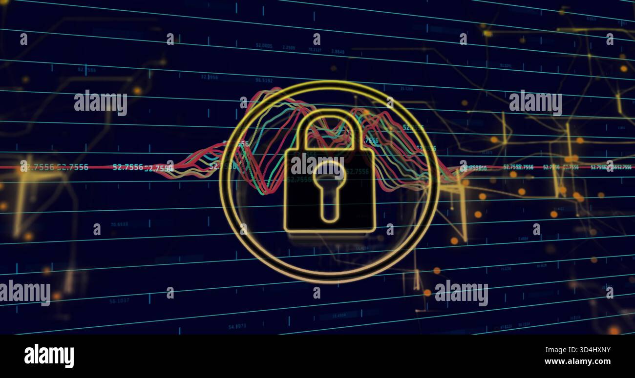 Displaying centered gold padlock icon securing data on dark navy grid, with multicolored charts Stock Photo