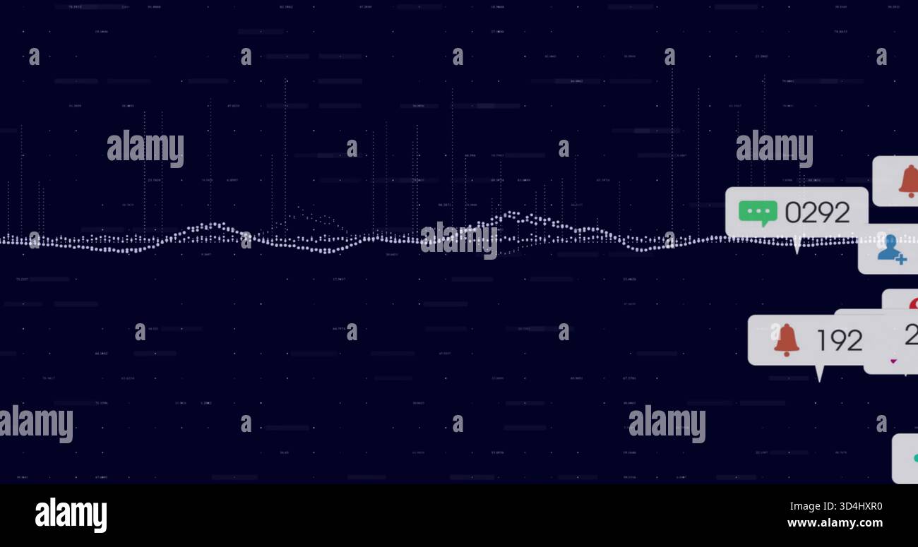Displaying white dotted waveform running across dark navy UI, with notification bubbles Stock Photo