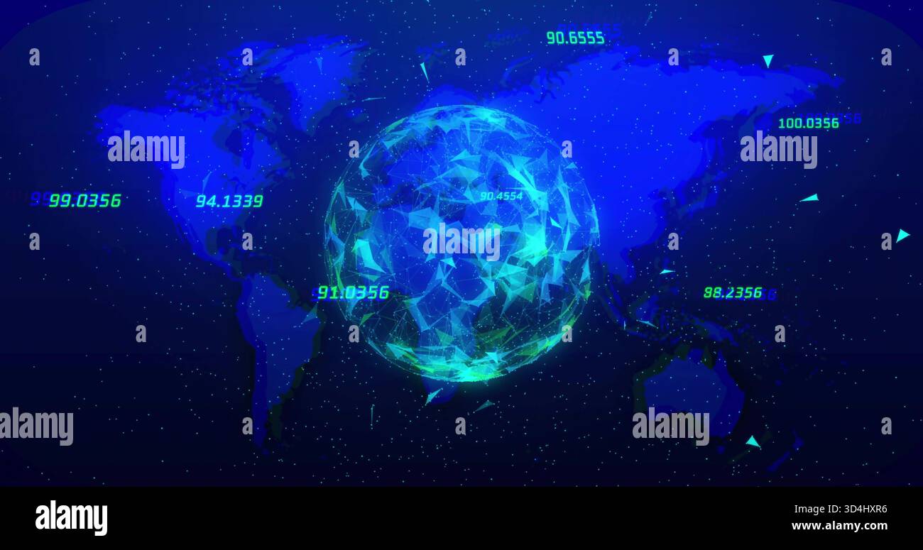 Displaying faceted polygon globe rotating in virtual 3D data visualization, with numeric overlays Stock Photo