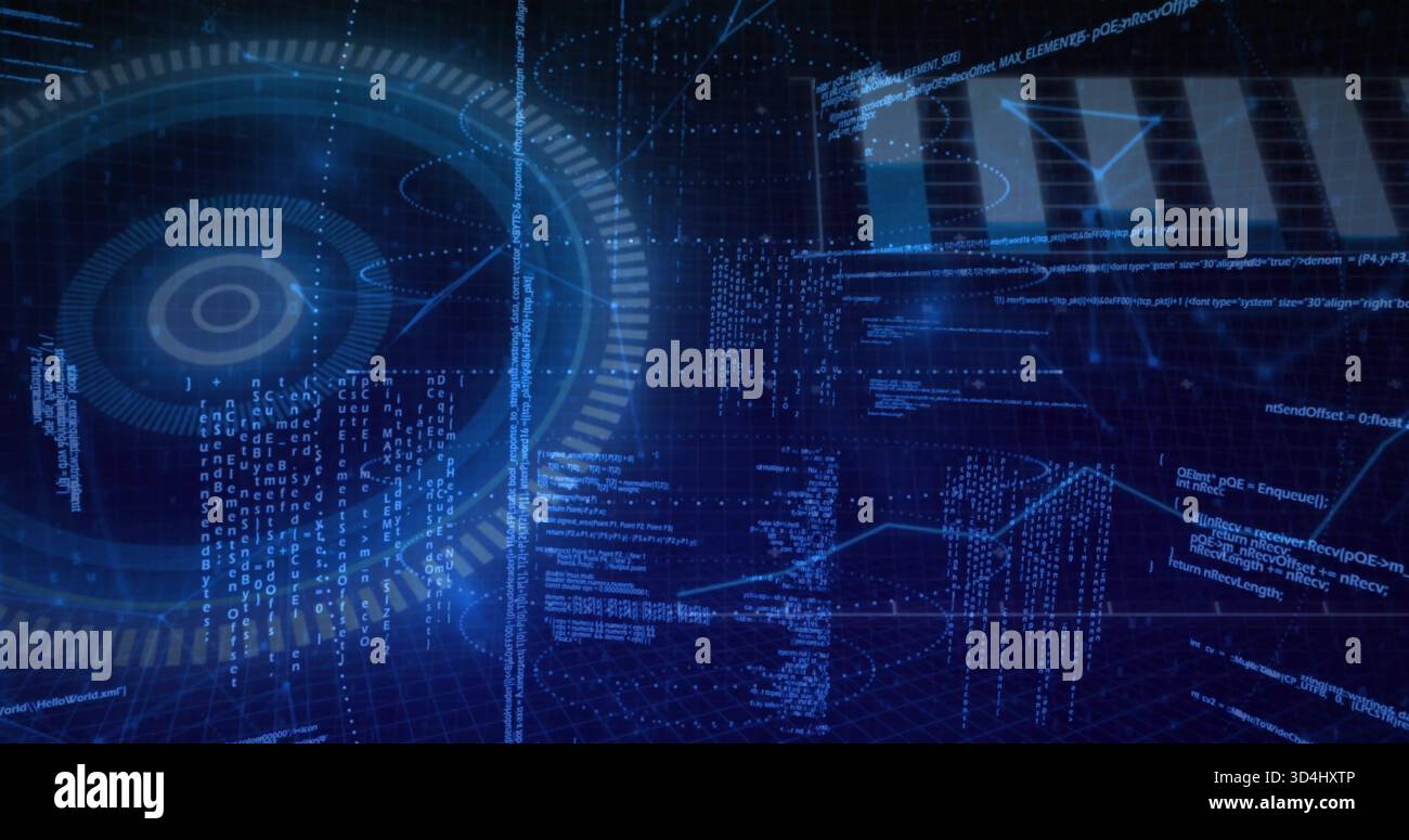 Displaying holographic circular HUD rotating in virtual data space, showing code streams and charts Stock Photo