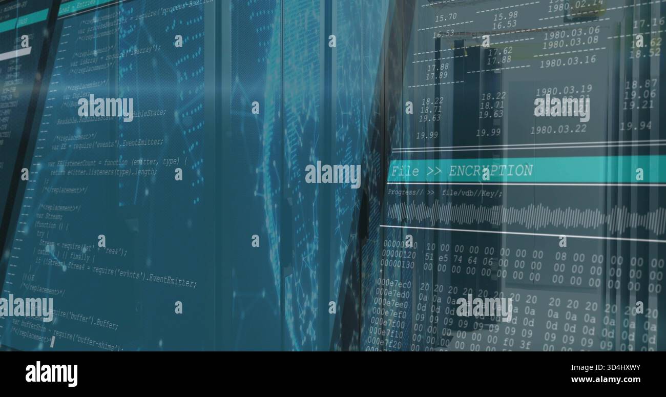 Displaying glass panels showing streaming code, network map, encryption UI, waveform at ops hub Stock Photo