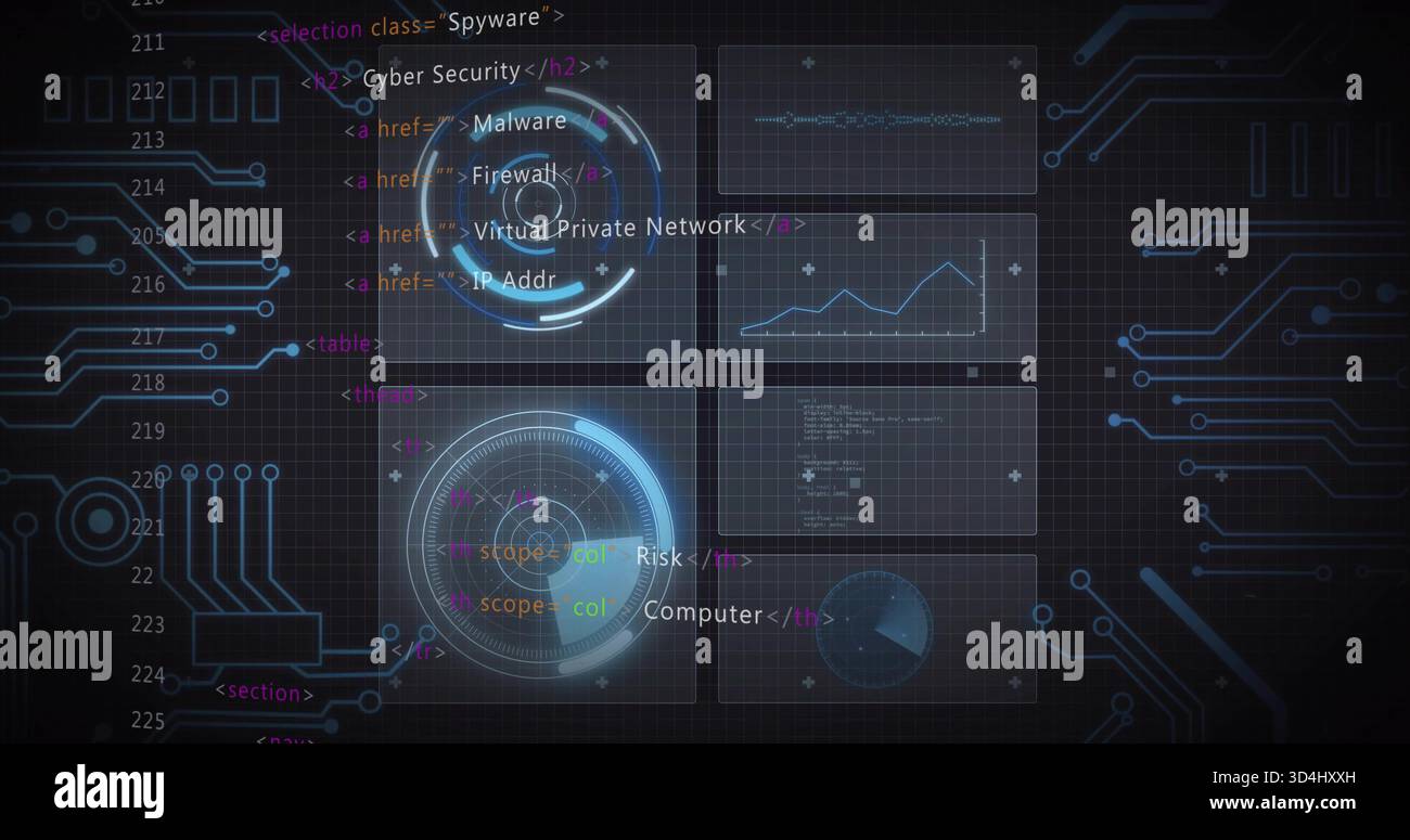 Displaying central two-by-three data panels on virtual dashboard, with holographic HUD elements Stock Photo