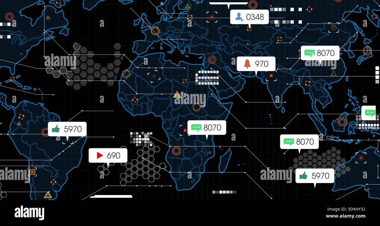 Displaying neon-blue map covering digital dashboard at dark grid, with notification bubbles Stock Photo