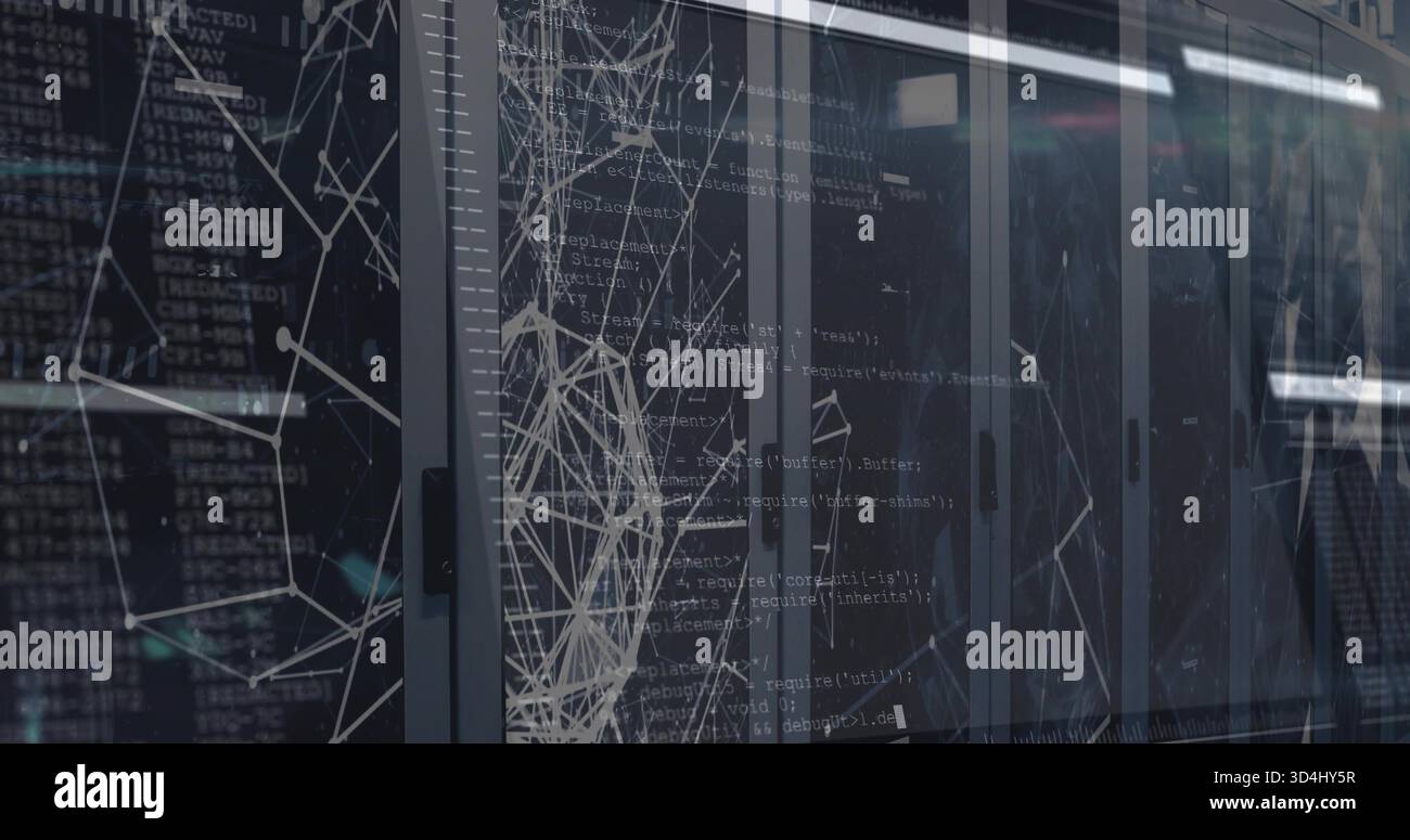 Showing centered server racks with glass doors, code overlays and LED ...