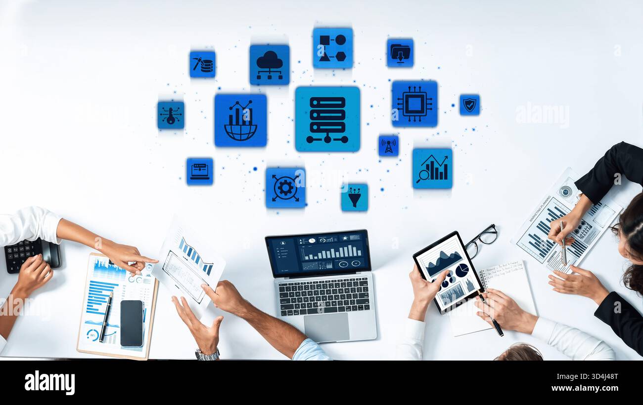 Concept of big data processing and analysis using big data architecture enables insights, big data visualization, and big data integration. Entice Stock Photo
