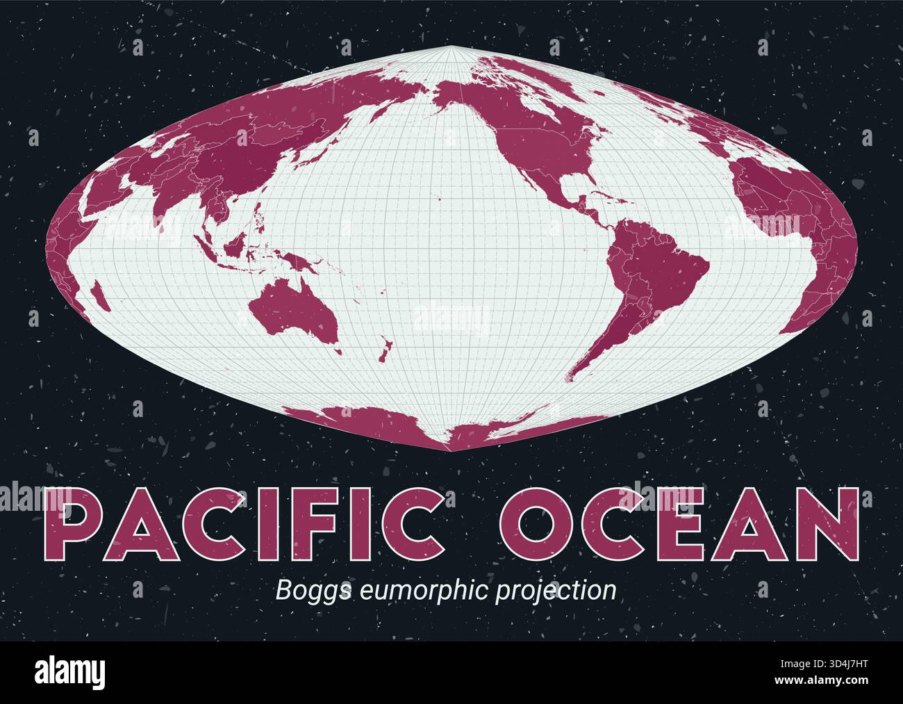 Pacific Ocean. World map. Boggs eumorphic projection centered to Pacific Ocean. Pale Mint Dark Pink palette. Vintage texture. Stock Vector