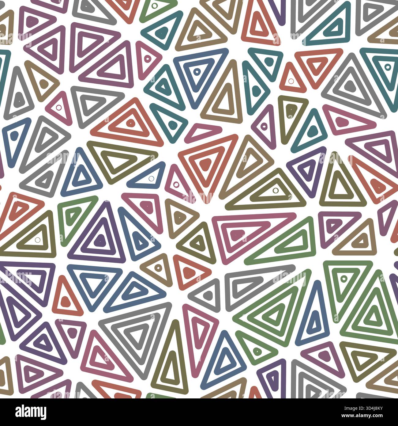 Triangles vector pattern. Medium shape size. Multiple repeated inner triangles. Multiple colors style. Repeatable pattern. Stylish vector tiles. Stock Vector