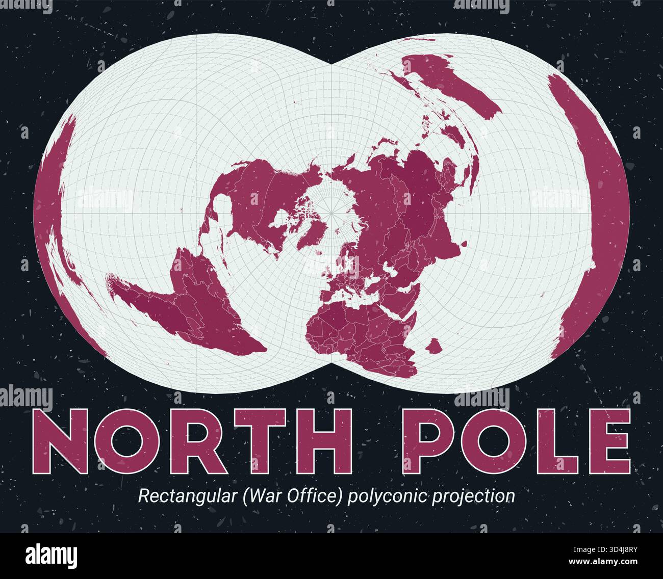 North Pole. World map. Rectangular (War Office) polyconic projection centered to North Pole. Pale Mint Dark Pink palette. Vintage texture. Stock Vector