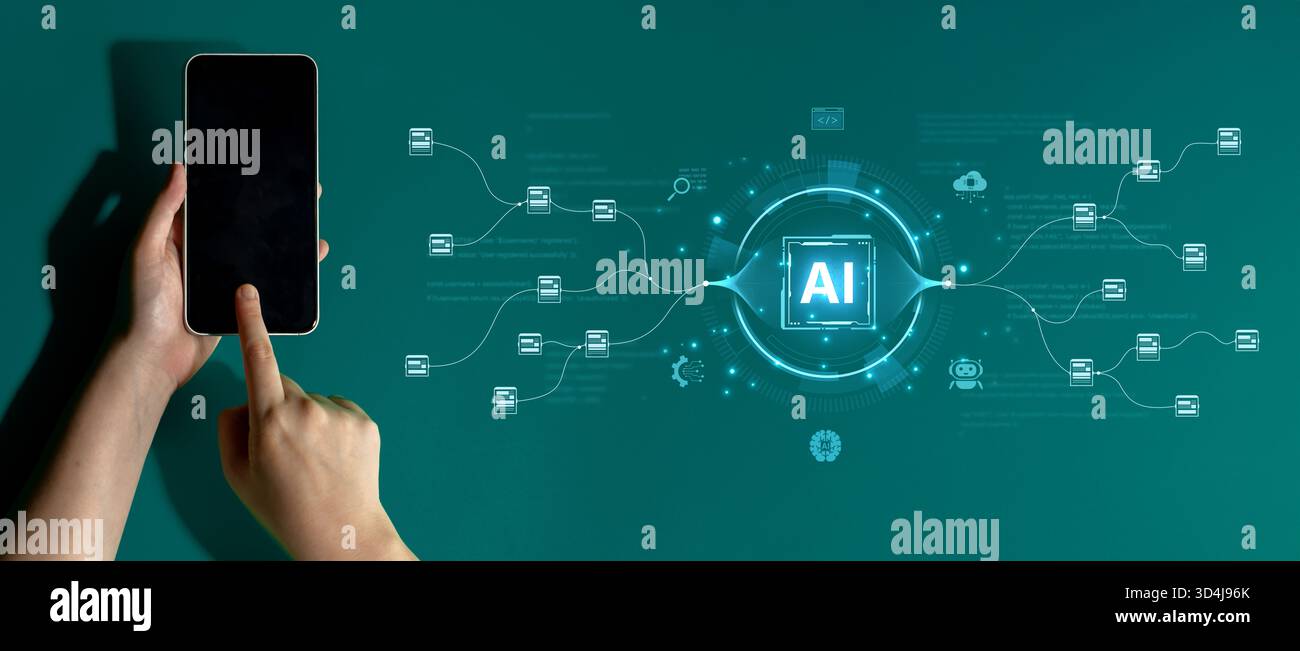 An AI-powered system for automating data workflows. The central intelligence processes and distributes information, managing complex data pipelines as Stock Photo