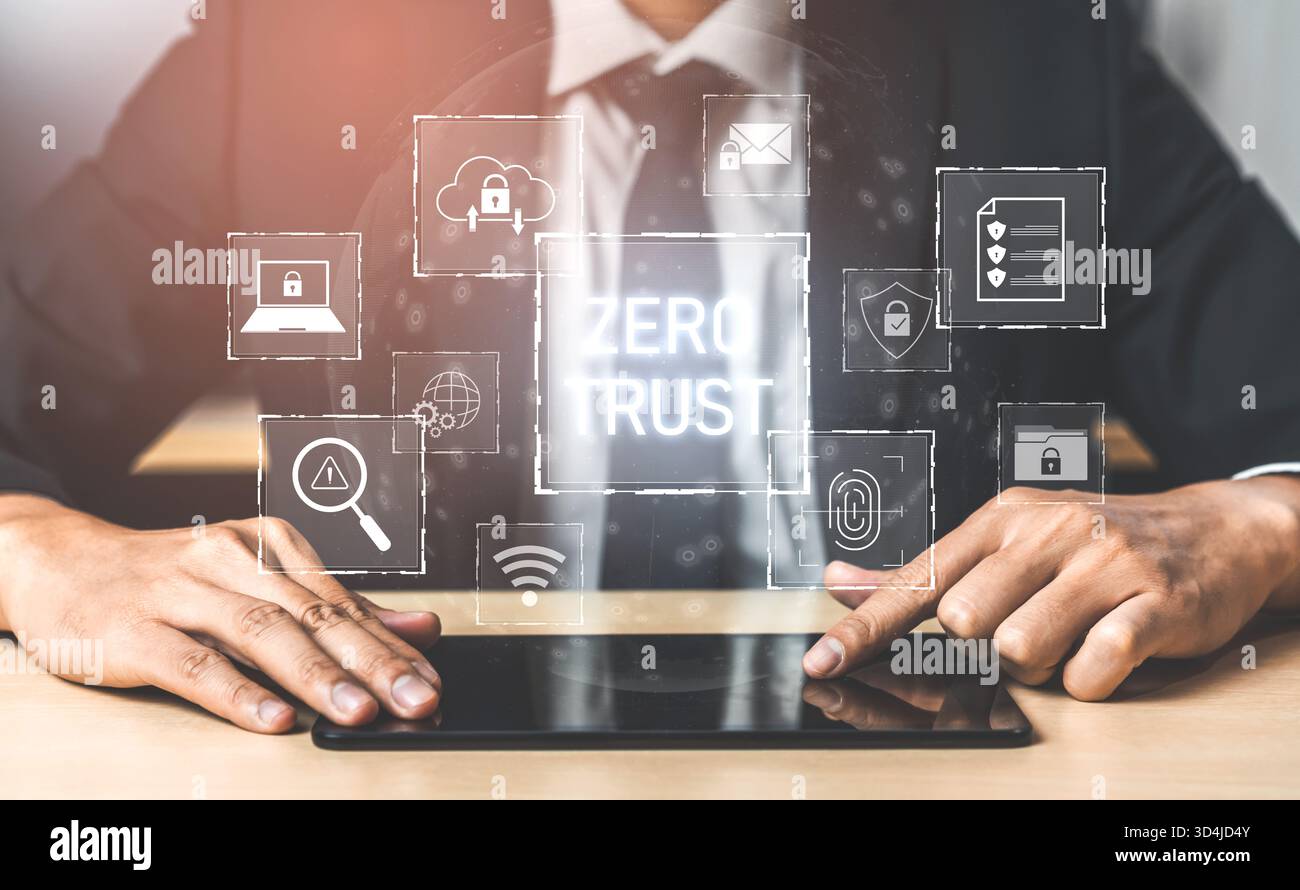 Zero trust model enhances data protection. Zero trust blocks unauthorized access, secures devices, zero trust defends networks, and zero trust Stock Photo