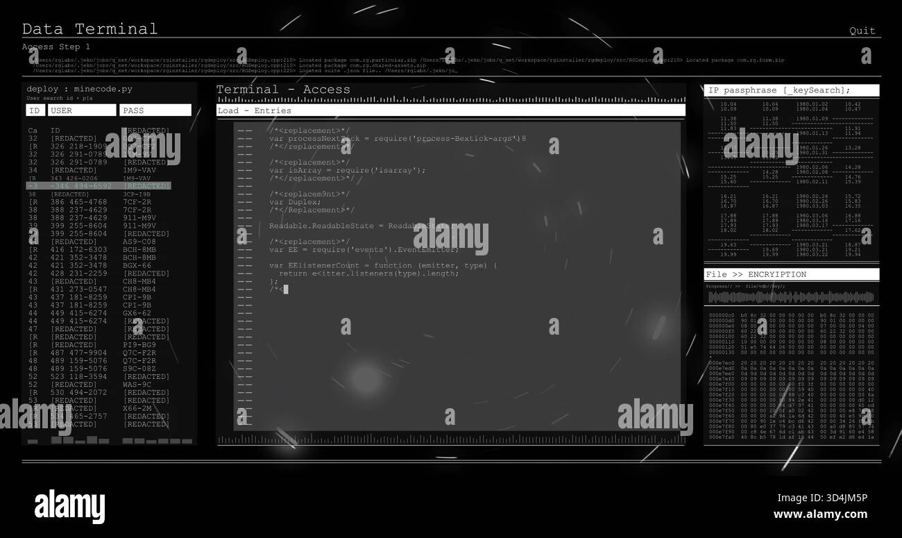 Displaying code-editor showing monospace-code caret on dark UI, with left-user-IDs right-hex-dump Stock Photo