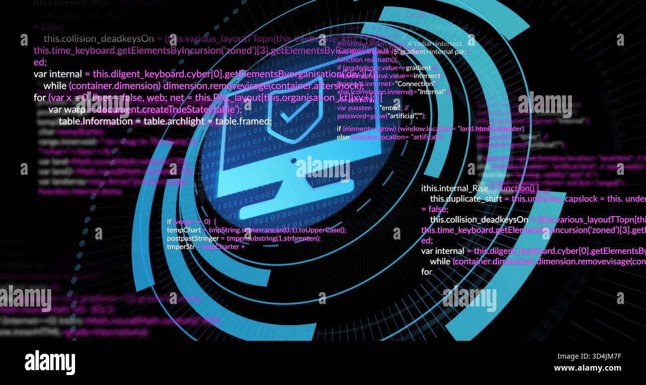 Displaying blue circular HUD emblem glowing at center on dark UI, with laptop icon and checkmark Stock Photo