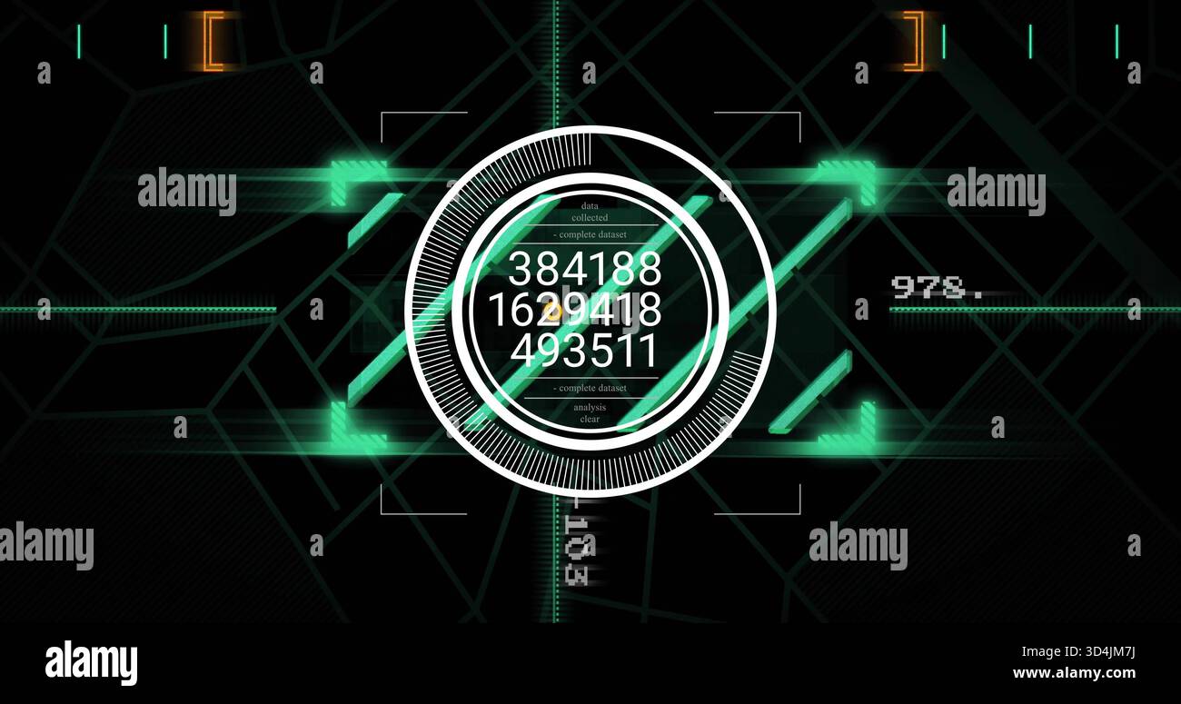 Displaying central concentric HUD showing numeric data at digital overlay, neon green bars Stock Photo
