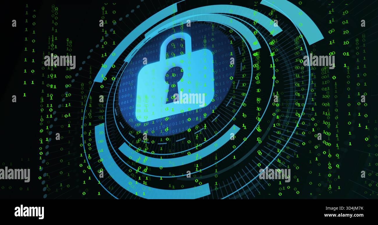 Glowing cyan padlock dominating HUD rings in cyber interface, with streaming binary code Stock Photo