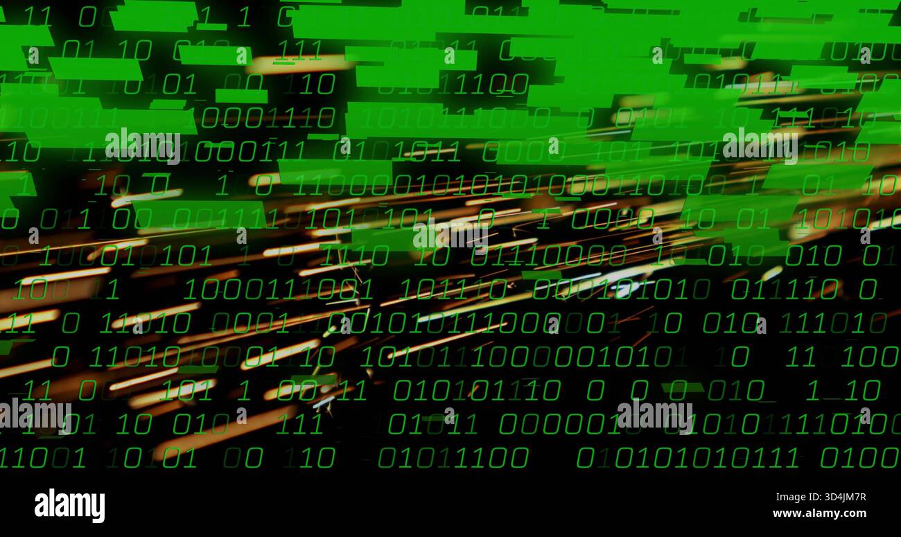 Streaming green binary digits and translucent code blocks in digital space, with orange streaks Stock Photo