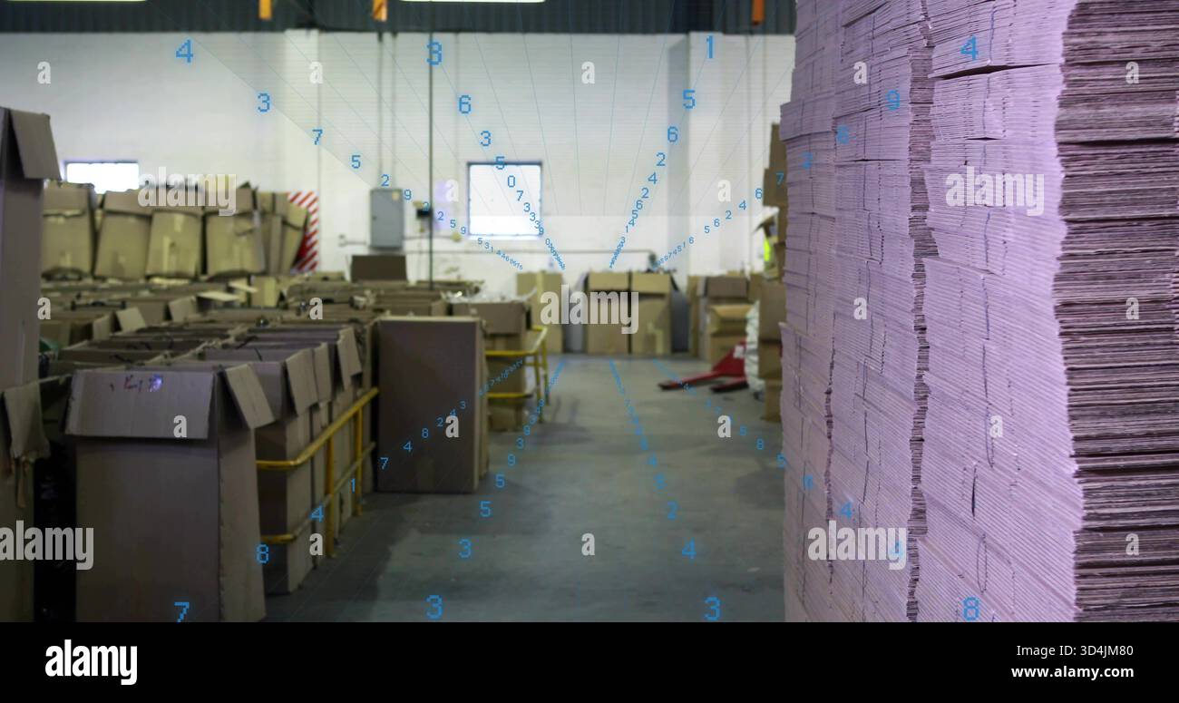 Showing warehouse worker in safety vest checking boxes, tall cardboard stack right, copy space Stock Photo
