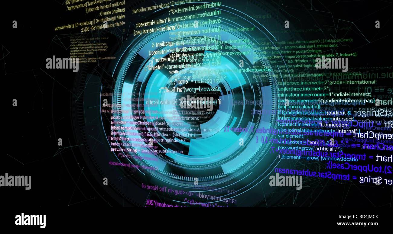 Rotating central HUD displaying concentric rings, arcs, code and wireframe nodes on dark field Stock Photo