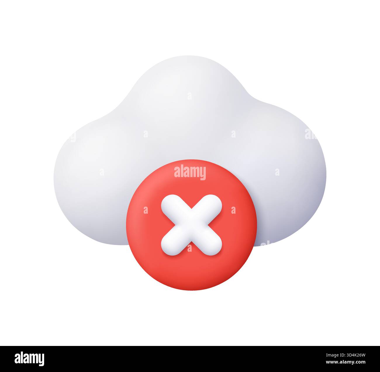 White cloud with delete symbol on red circle button. Technology, cloud computing, cloud storage, cloud error, failed upload and data removal concept. Stock Vector