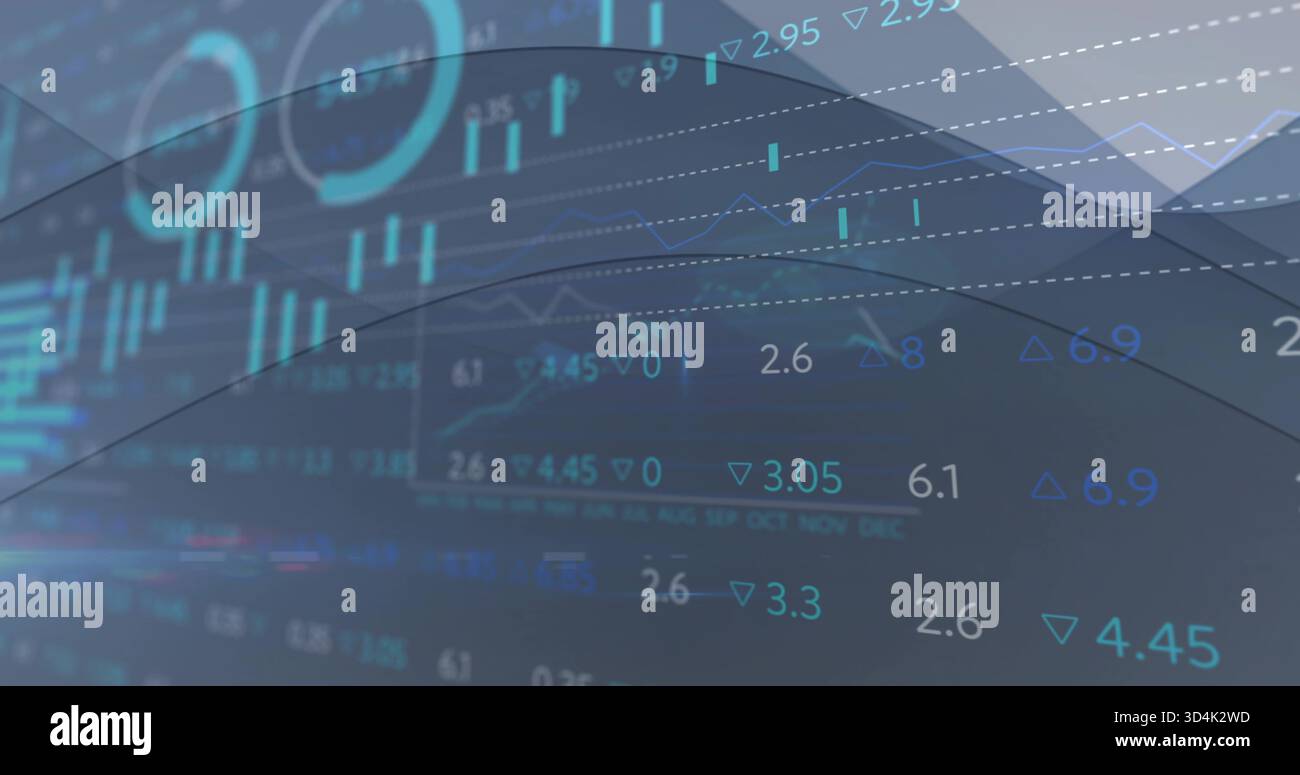 Displaying centered financial data on blue to teal gradient, showing numeric readouts, candlesticks Stock Photo
