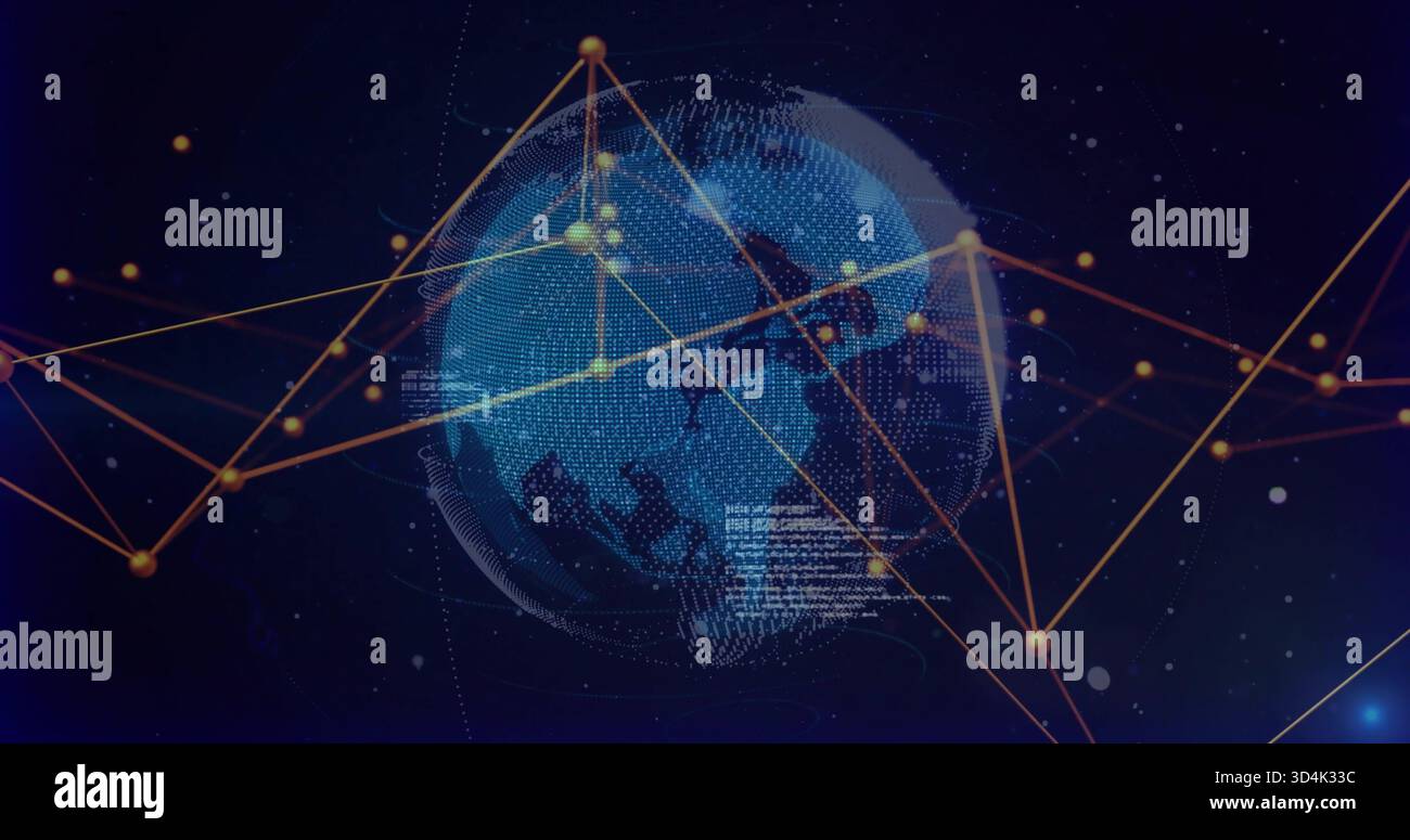 Displaying stylized blue pointcloud globe rotating on digital display, with orange nodes and lines Stock Photo