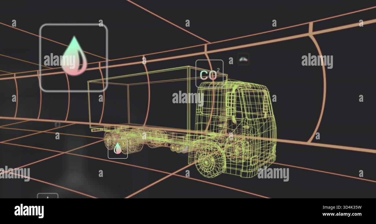 Displaying wireframe flatbed truck model rotating inside neon tunnel, showing CO2 and droplet icons Stock Photo