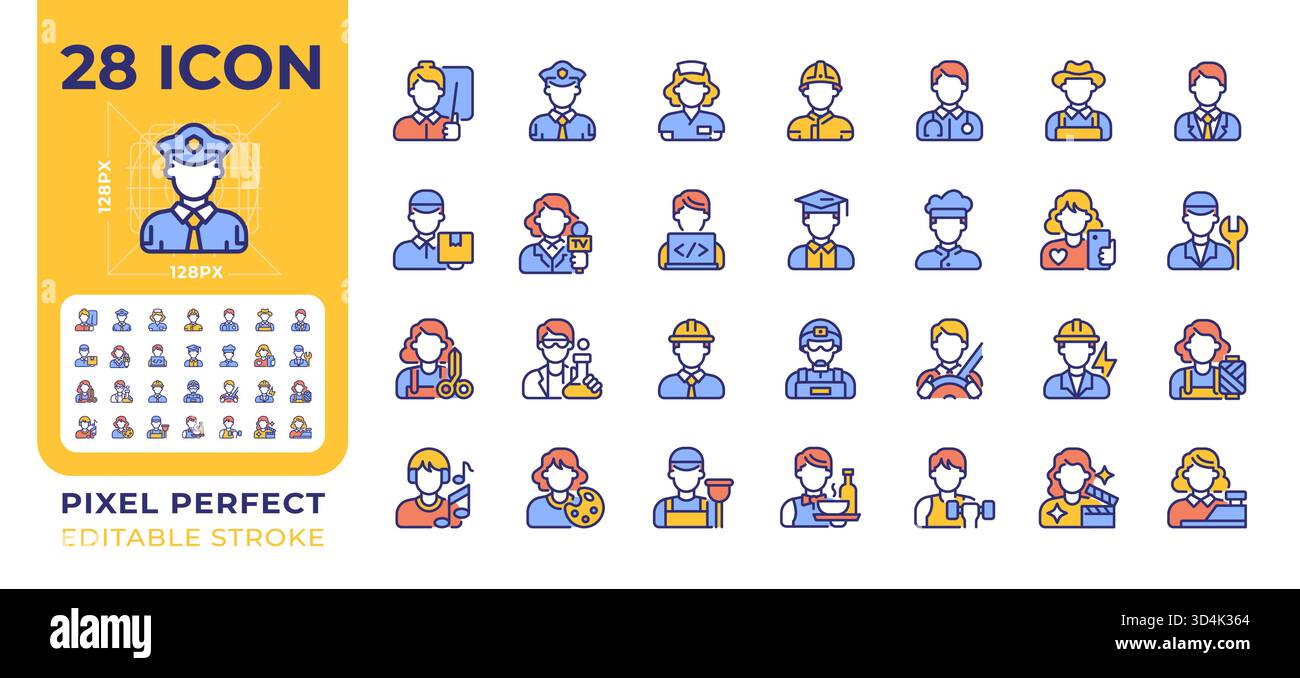 Professions pixel perfect line color icons set Stock Vector