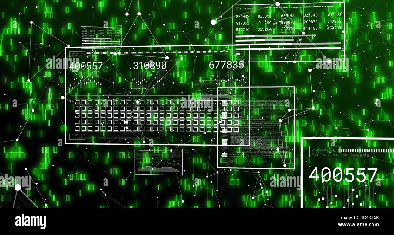 Displaying white wireframe keyboard grid and UI panels centered, showing numbers, nodes, green data Stock Photo